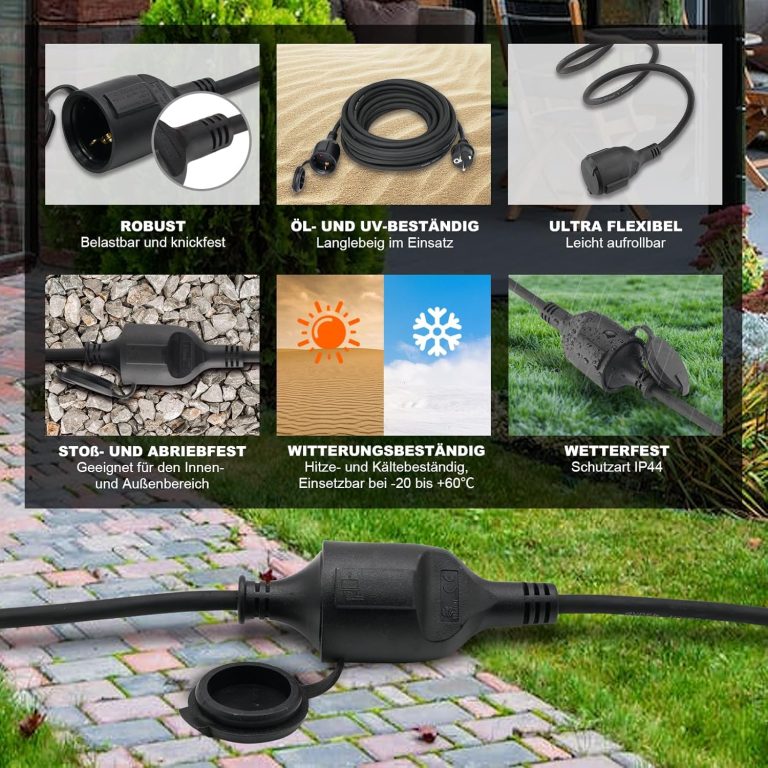 weatherproof extension cord with oil and UV resistance, uand temperature range from -25°C to +60°C, suitable for outdoor use on grass and gravel.